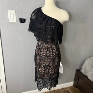 Dress The Population Tori Lace Flutter Sleeve One Shoulder Dress, Black, XS